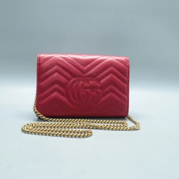 Authentic GUCCI GG Marmont Chain Wallet Red Leather Shoulder Bag Lux550-100225 - Picture 2 of 12